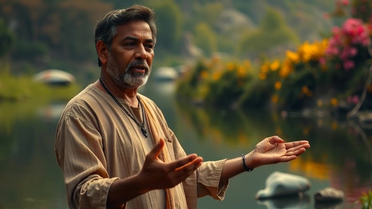 Subject: A charismatic storyteller stands beside a calm river, gesturing expressively as he speaks to an unseen audience. Subject movement: His arms move fluidly, emphasizing his words as the sun sets behind him. Scene: Tranquil riverside at dusk with gentle ripples reflecting the warm colors of the sky. Style: Warm sunset lighting casting a golden hue over the scene, creating a peaceful atmosphere. Motion: Camera slowly pushes in to capture the storyteller's dynamic gestures, transitioning from a wide shot of the riverbanks to a close-up of his animated expressions.