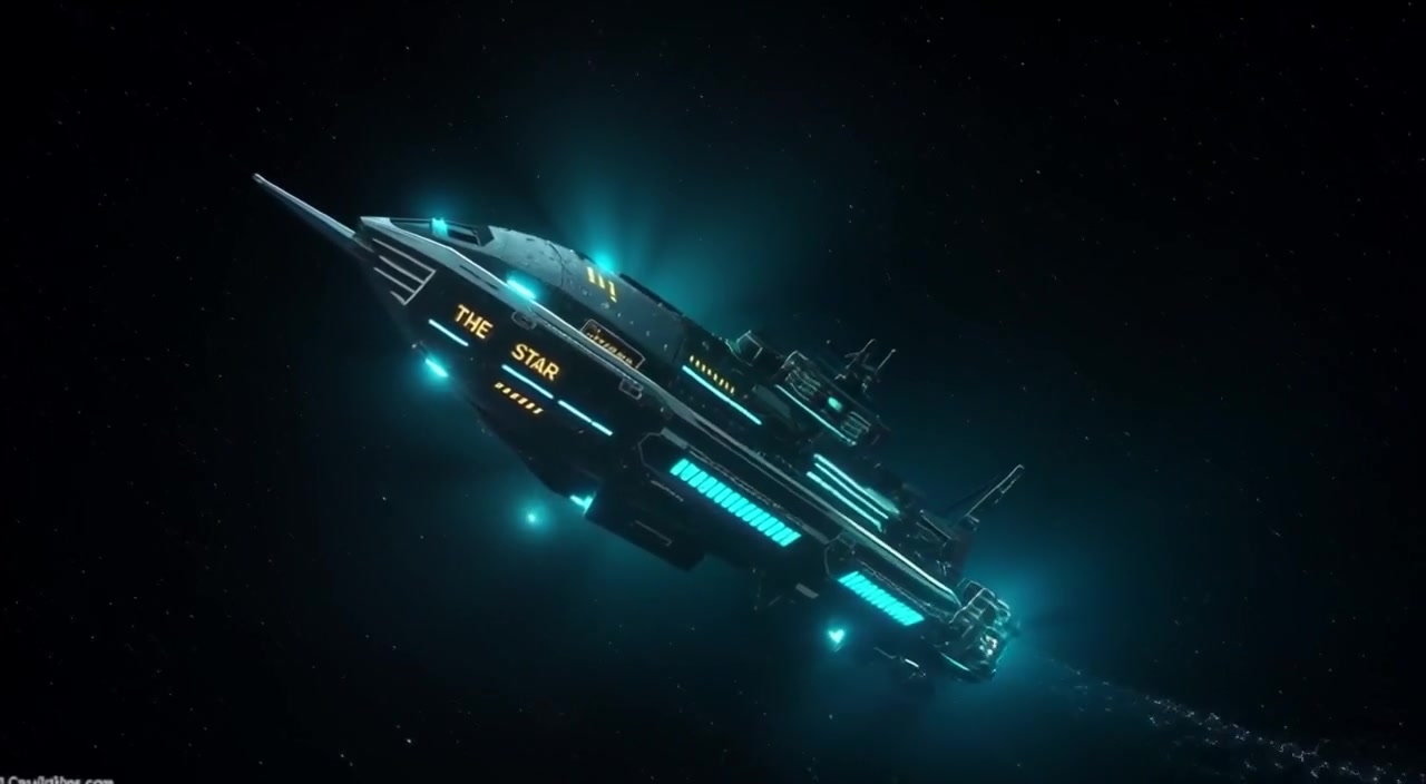 A massive spaceship named 'The Red Star' plunging through space, surrounded by stars.