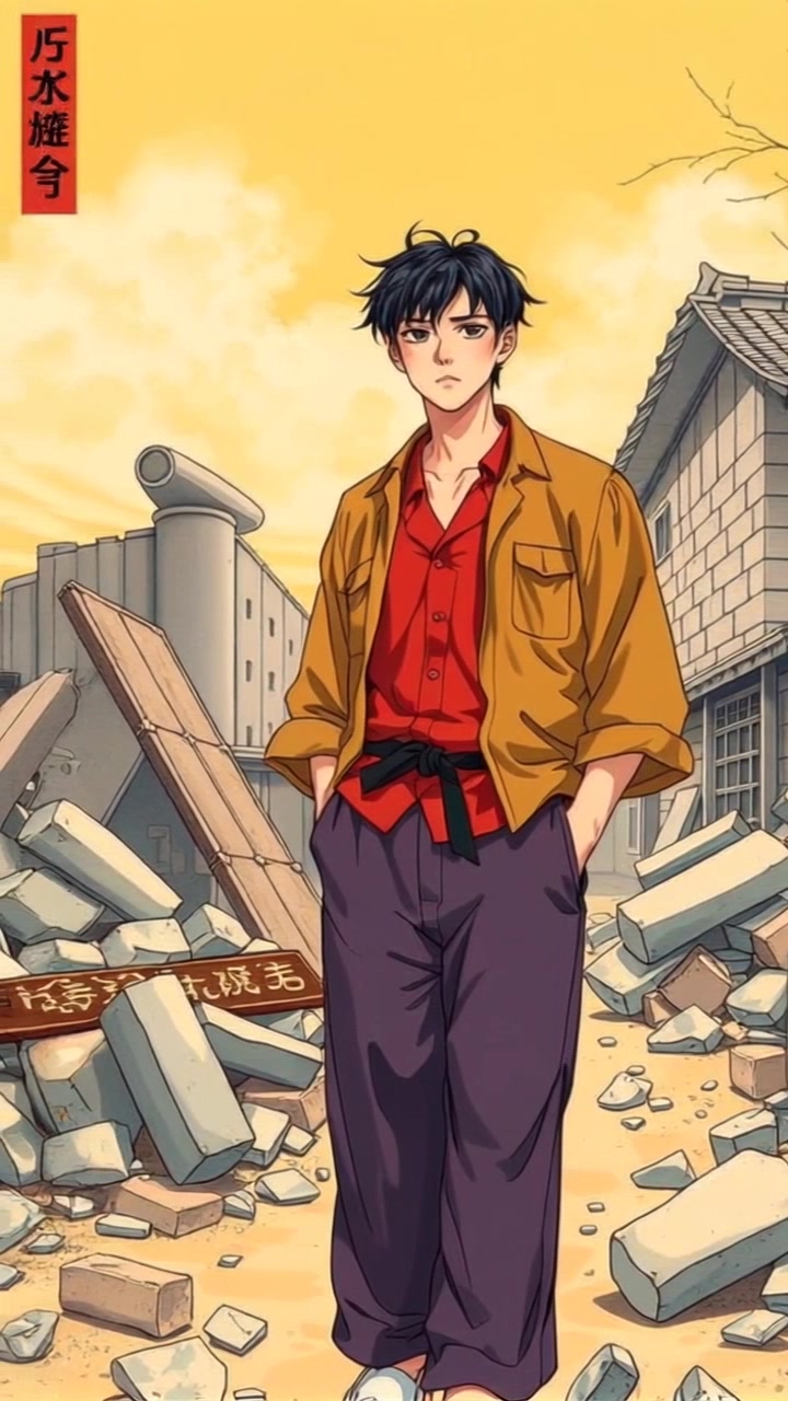 Subject: Gojo standing amidst rubble, dust swirling around him in the wind. Scene: A desolate landscape filled with scattered debris and remnants of destruction. Style: Harsh, dramatic lighting emphasizes the starkness of the environment, casting deep shadows and revealing details in the rubble. Motion: The camera slowly pans around Gojo, capturing the dynamic movement of the dust and debris as the wind blows fiercely, creating an intense and chaotic atmosphere.