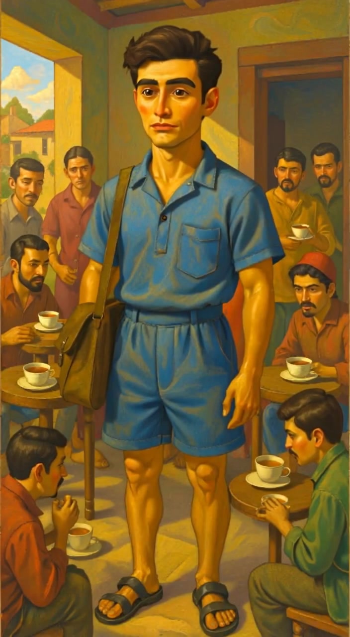 The young man stands resolutely on a bustling street, observing the vibrant city life around him.