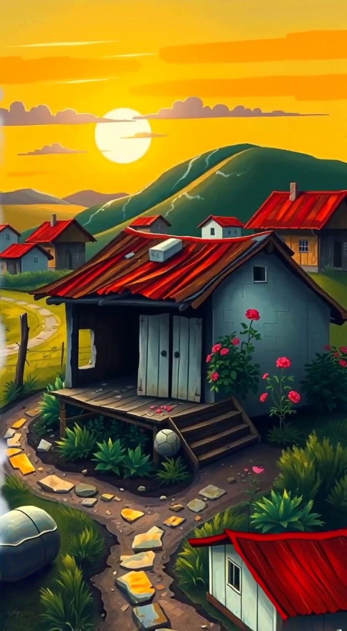 Gentle mist rolls over the dream-like landscape, while the broken hut sways slightly in the soft breeze.