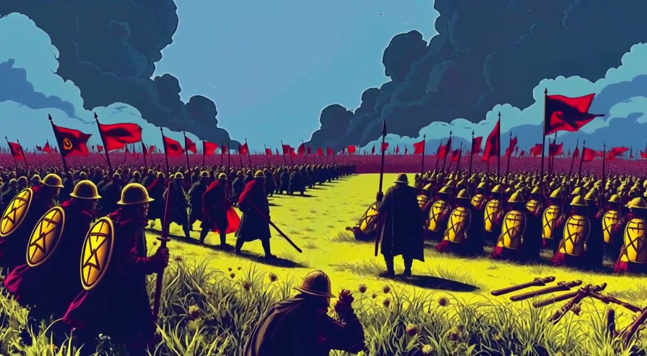 The soldiers brace themselves as distant thunder rumbles, tall grass sways gently in the wind around them.