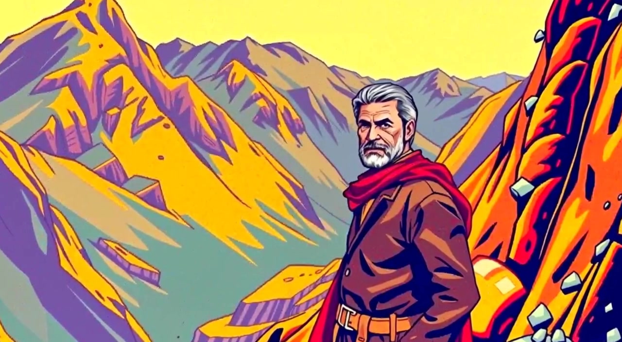 The man gazes into the distance, wind gently tousling his hair at the mountain pass.