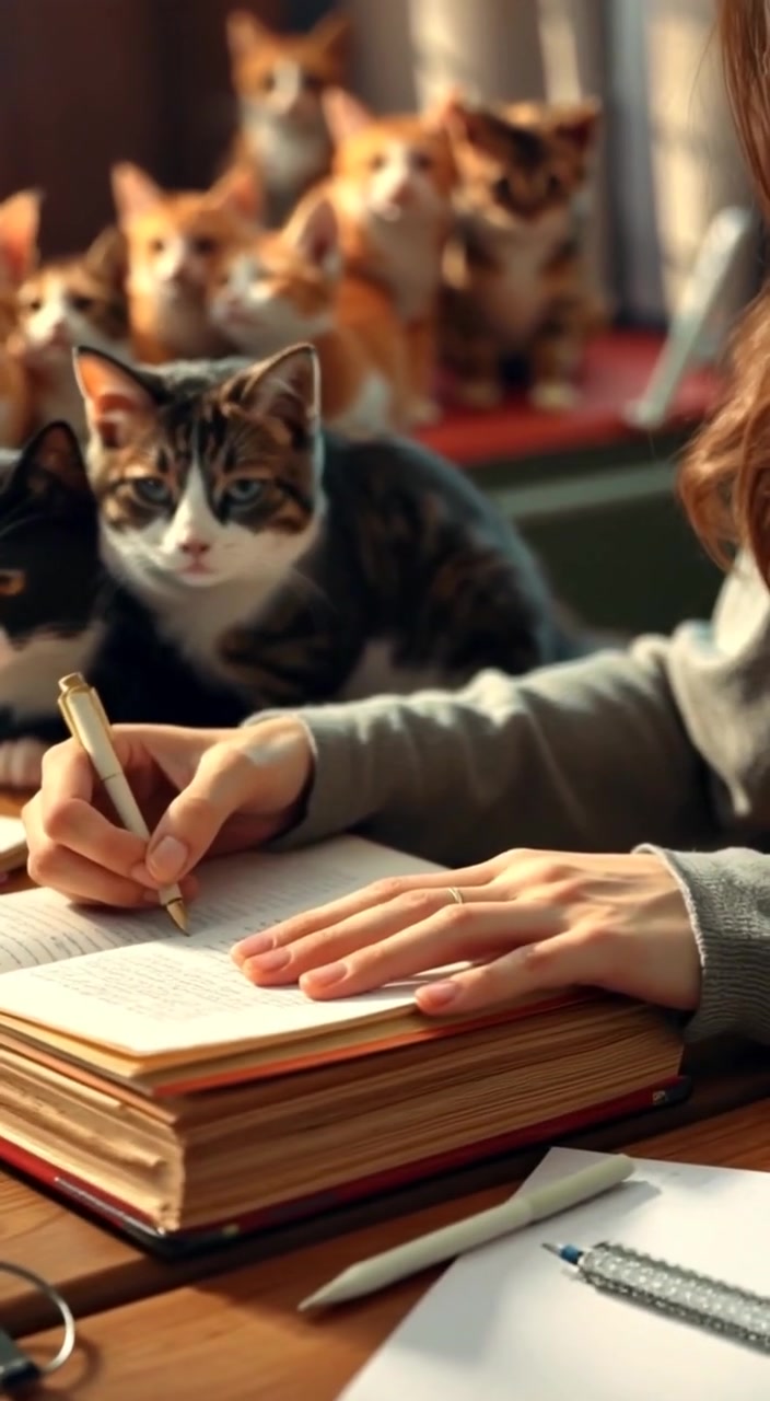 The woman gently writes in her journal, the soft light illuminating her hands and the pages on the wooden table.