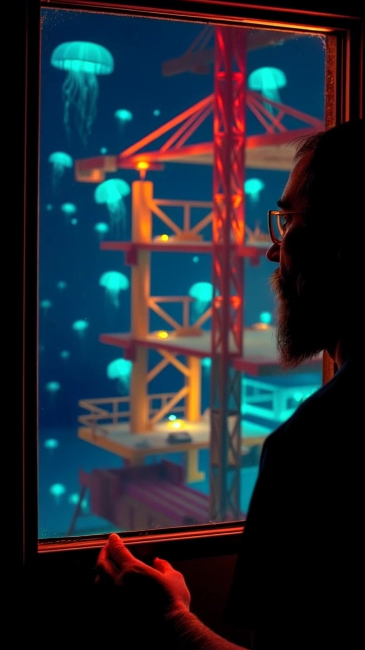Subject: The Narrator, a figure exuding curiosity and reflection, with a tweed jacket, tousled hair, and a contemplative expression. Subject Movement: Stillness, gazing intently through the window at construction activities. Scene: Urban cityscape with construction cranes and bustling workers visible through the window. Style: Soft, natural light filtering in through the glass, creating a tranquil ambiance. Camera Language: Slow zoom in on the Narrator's face, capturing the subtle emotions in their expression as they observe. Lighting: Subtle morning light, casting gentle shadows and highlighting the Narrator's features. Atmosphere: Reflective, contemplative, with a sense of quiet observation.