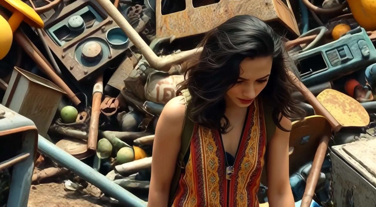 The woman carefully navigates through a chaotic junkyard, stepping over rusted metal and discarded items scattered around.