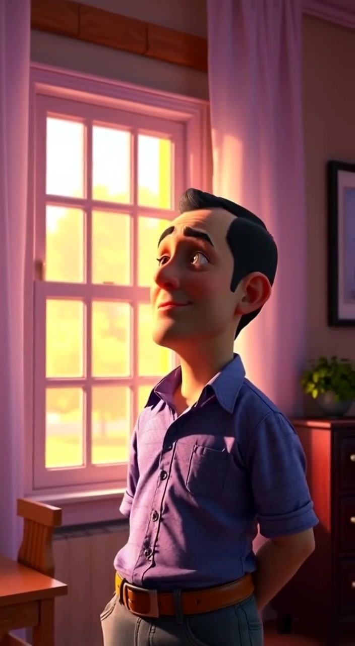 The man gazes thoughtfully out the window as light filters softly through the room.