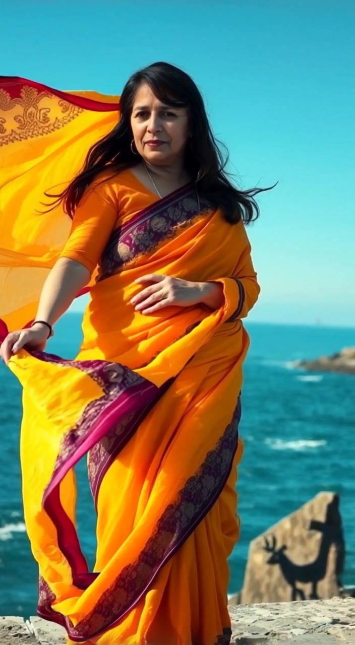 The woman stands by the ocean, her saree gently flowing in the wind under a clear blue sky.