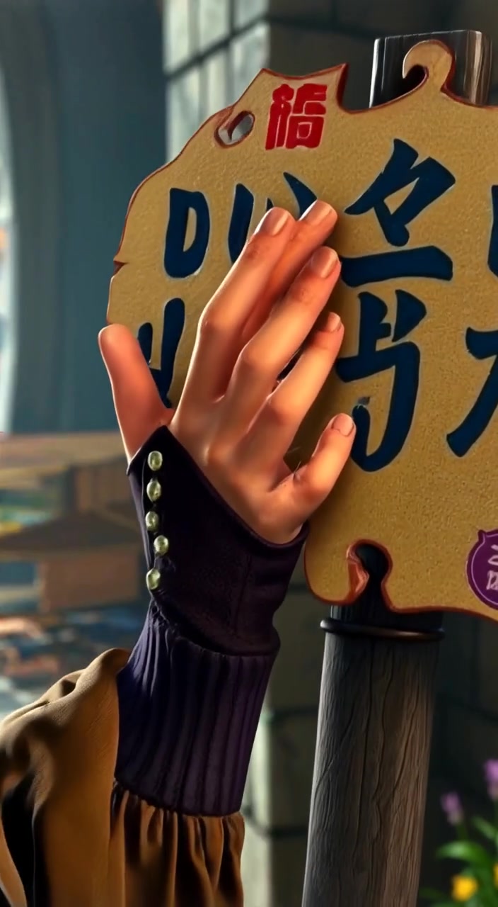 The hand gently brushes against the broken sign, with a look of determination on the face in the distance.