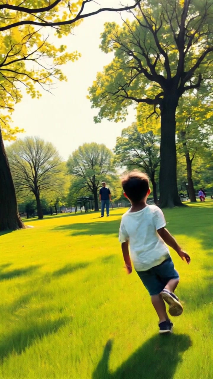 Subject: 5-year-old boy named Riko - Boy with short brown hair, wearing a blue t-shirt and denim shorts, running and laughing in the sunny park. Scene: Vibrant park setting with green grass and trees, bathed in warm sunlight. Camera language: Slow zoom out from close-up on Riko's joyful face to a wide shot capturing him playing freely in the expansive park. Lighting: Golden hour light casting a soft, inviting glow on the scene. Atmosphere: Playful and carefree mood, filled with innocence and joy.