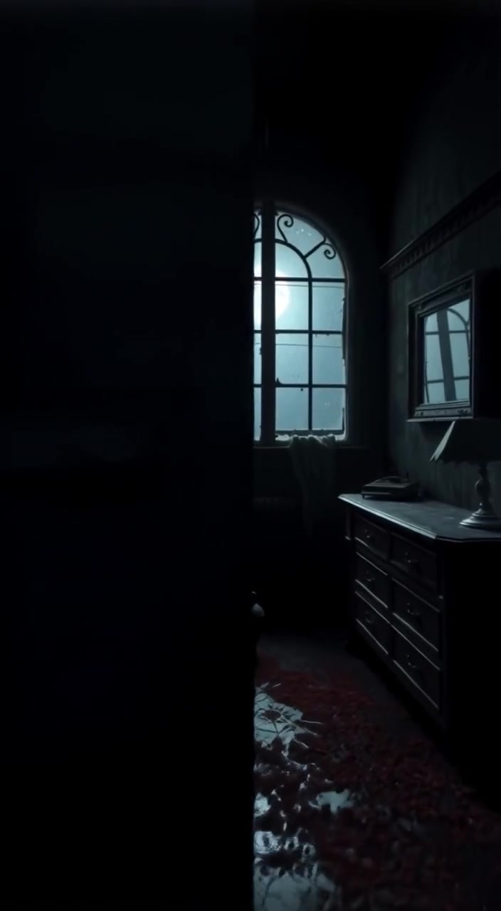 An interior shot of an old mansion with towering shadows and dusty furniture, highlighting a dark corner.