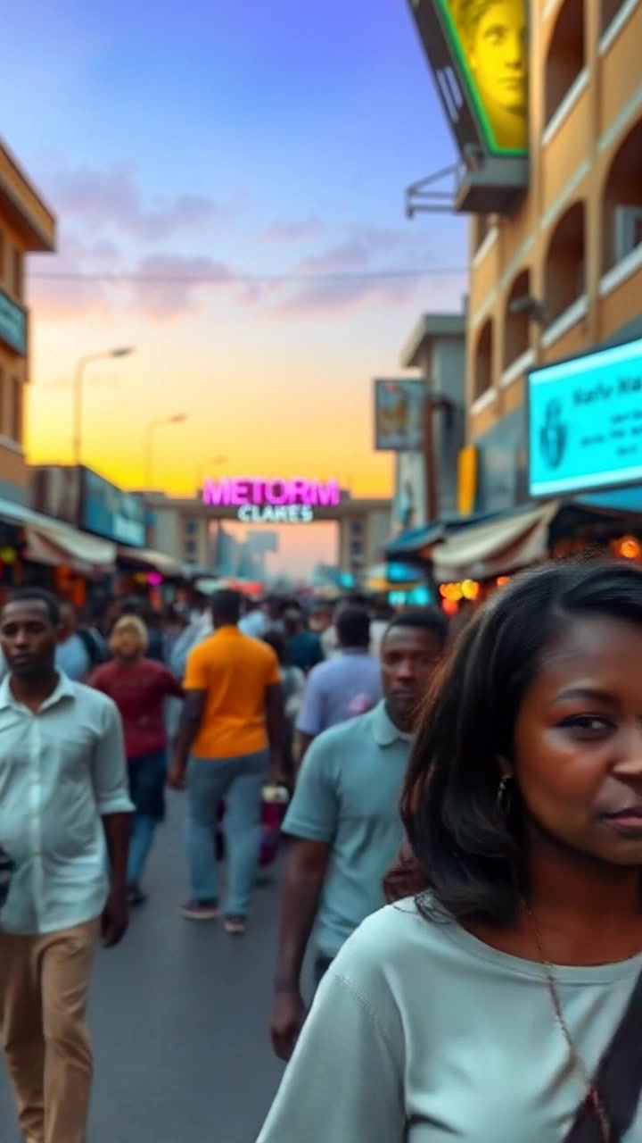 Subject (Busy Lagos street scene with market stalls and people walking) + Subject movement (Busy, people walking) + Scene (Lagos street with market stalls) + Camera Language (Pan across the bustling street, aerial view) + Lighting (Bright sunlight, harsh shadows) + Atmosphere (Energetic, vibrant)