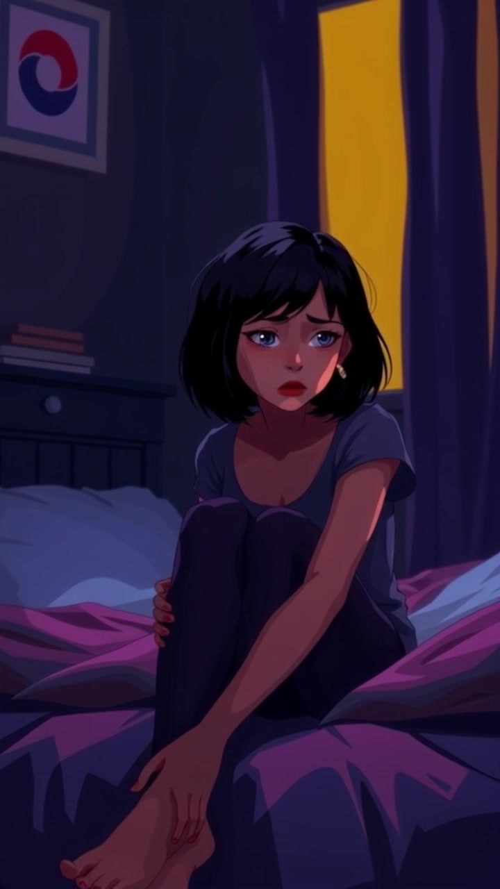 A woman with messy hair and wearing a flowing white nightgown sits on a bed in a dark, shadowy room, looking anxious. Slowly zoom in on her face as she looks around nervously, capturing the intensity of her emotions with the dim lighting and ominous atmosphere.