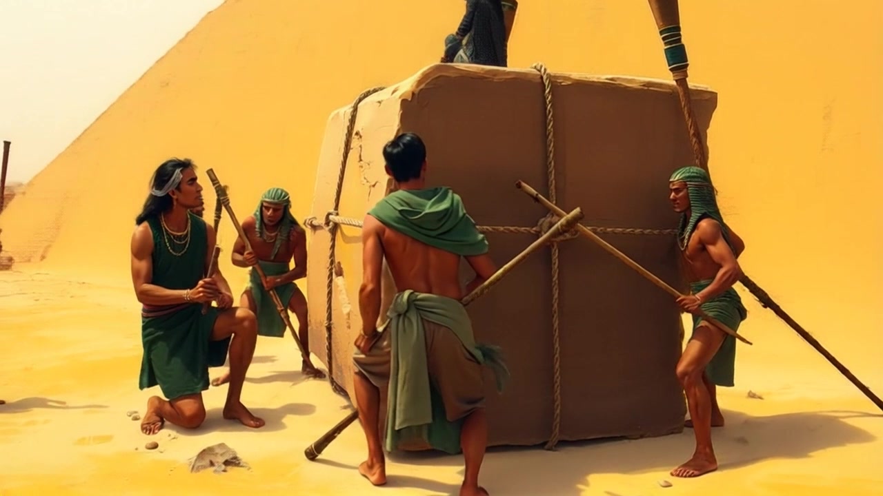 Subject: A group of ancient Egyptian workers. Subject movement: The workers energetically coordinate their efforts as they lift and maneuver a massive stone block, demonstrating teamwork and strength. Scene: Desert landscape near the Great Pyramids, the sun casting long shadows across the sandy ground. Style: Harsh midday sunlight creates stark contrasts, emphasizing the rugged textures of the stone and the determination on the workers' faces. Motion: Camera captures a dynamic, handheld tracking shot that circles the group as they work, focusing on their synchronized movements as they lift the block.