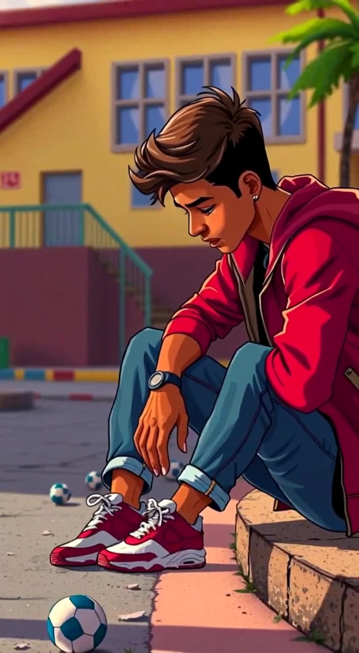 The boy gazes down at his worn-out shoes, lost in thought, with an empty school behind him.
