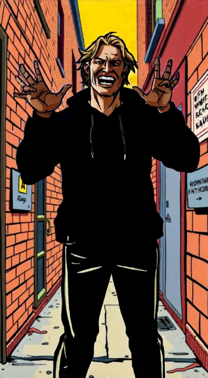A man stands in an alley, hands raised, laughter echoing softly in the distance, as shadows dance around him.