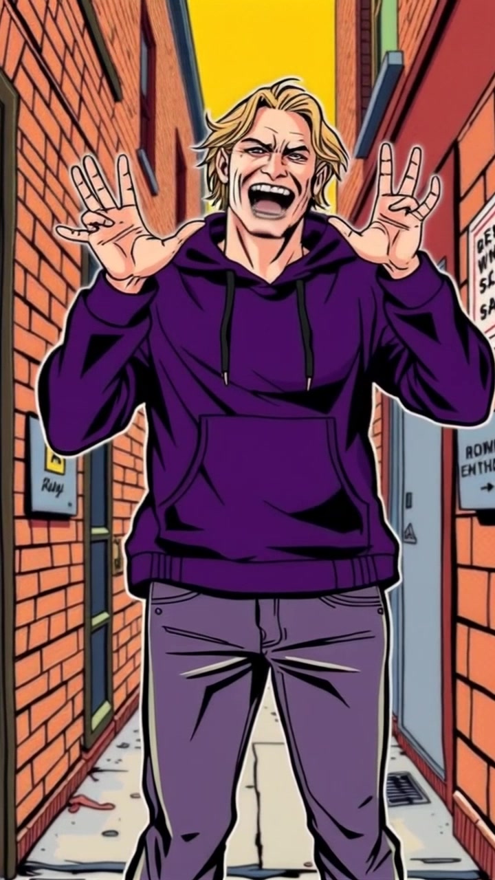 Subject: A figure standing in a narrow alley, exuding a sinister presence. Subject movement: The figure laughs maniacally, arms raised in excitement, creating a sense of impending chaos. Scene: A dimly lit alley filled with contrasting shadows and hints of urban decay. Style: Moody lighting accentuating the figure's dramatic features against the backdrop of darkened brick walls. Motion: The camera performs a slow dolly-in towards the figure, capturing the intensity of their expression and the eerie atmosphere surrounding them.