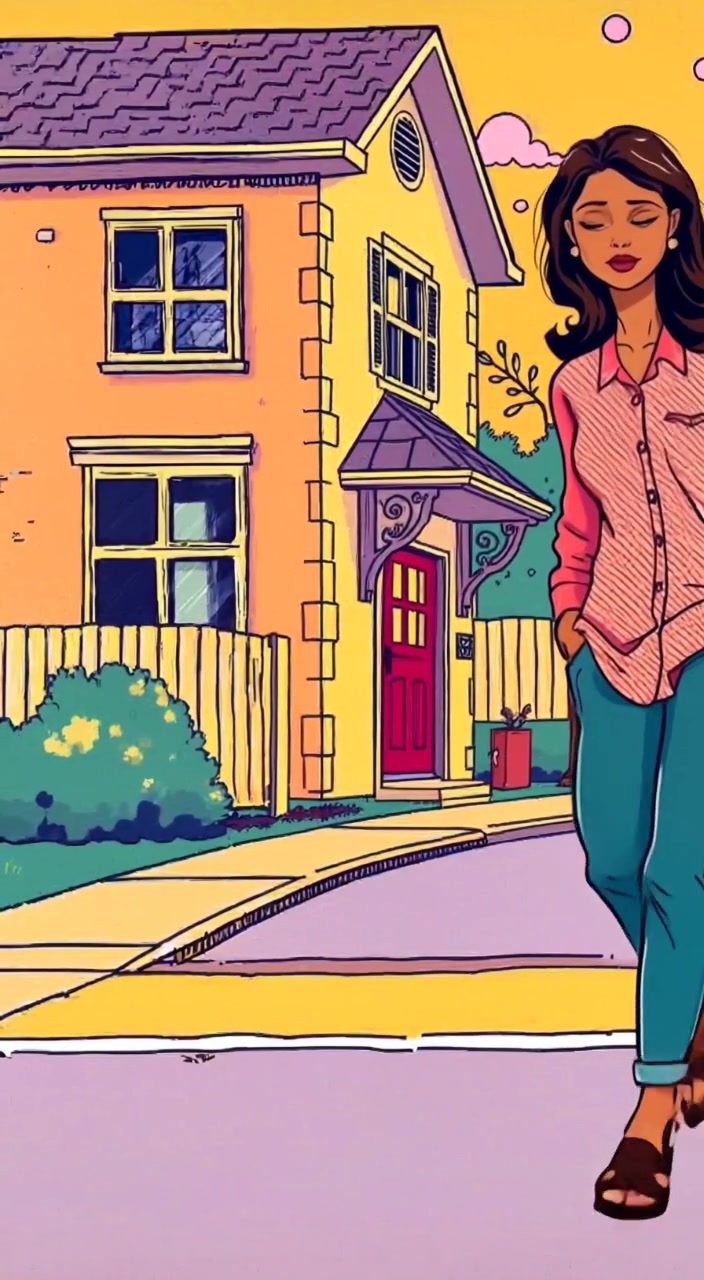The woman walks down a suburban street, gently pulling her suitcase behind her, leaving the house in the distance.