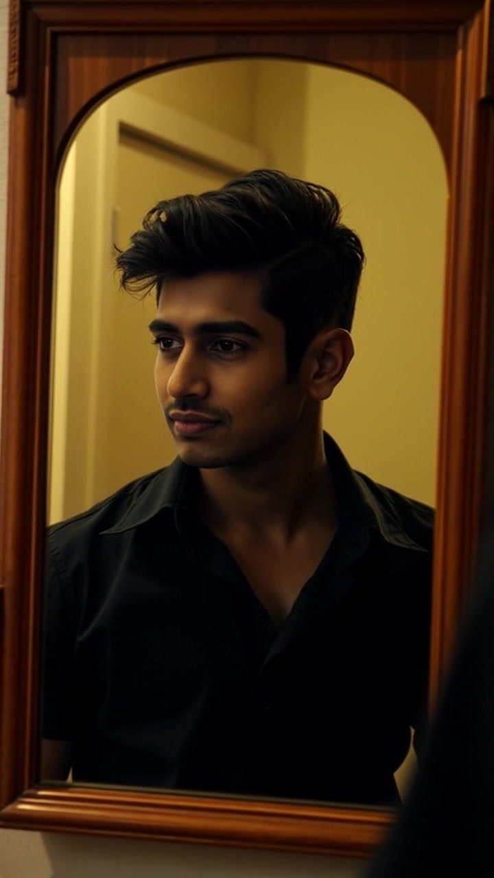 Scene: A dimly lit room featuring a large mirror, where a shadowy figure resembling Rohit eerily floats, creating a sense of mystery and suspense. Style: Low-key lighting accentuates the haunting atmosphere, casting elongated shadows that deepen the enigma. Motion: Camera begins with a close-up of the mirror's surface, then slowly pulls back to reveal the entire scene, enhancing the unsettling presence of the floating figure within the reflection.