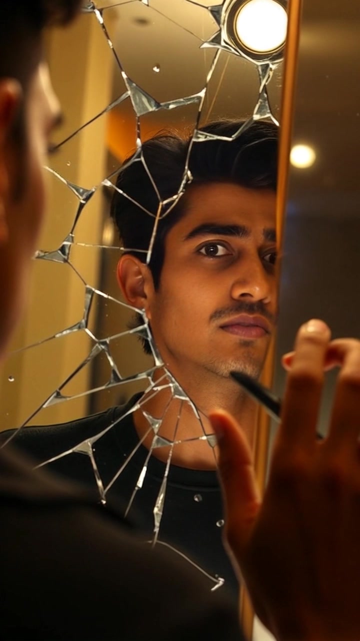 Scene: A dimly lit room filled with an array of ornate mirrors, each beginning to crack and shatter in succession. Style: Low-key lighting with dramatic shadows, creating an atmosphere of tension and anticipation. Motion: The camera performs a slow push-in, transitioning from an overview of the room to focus on the details of the shattering mirrors, capturing the moment of impact and the scattering shards.