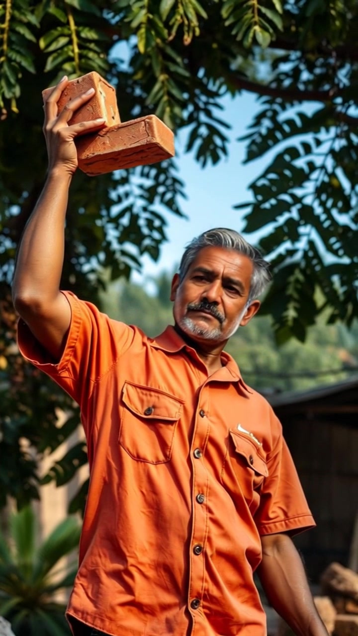 Subject: A laborer in a work shirt. Subject movement: The laborer lifts a stack of bricks methodically, shifting from one side to another to adjust the load. Scene: Under the shade of a large tree, surrounded by construction materials and tools. Style: Soft, dappled sunlight filtering through the leaves, creating a cool, peaceful atmosphere. Motion: The camera tracks in smoothly from a distance, capturing the laborer's focused movements as they work, then pulls back to reveal the serene tree canopy overhead.