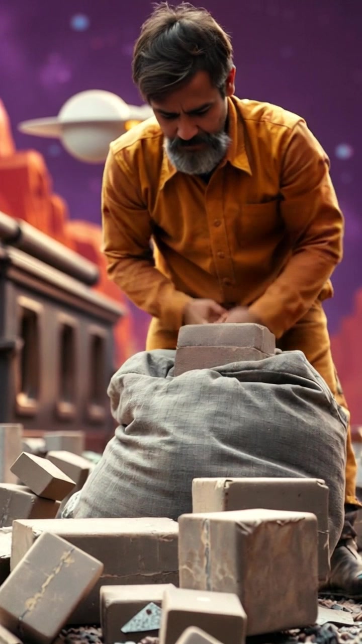 Subject: A laborer diligently fills a large sack with heavy bricks on the ground. Subject movement: The laborer bends down to lift bricks and places them into the sack with focused effort. Scene: A construction site with scattered tools and materials, surrounded by unfinished structures. Style: Natural daylight filtering through the surrounding site, creating a gritty yet industrious atmosphere. Motion: The camera performs a closeup tracking shot, following the laborer’s movements as they work, capturing the intensity of their task against the backdrop of the bustling construction environment.