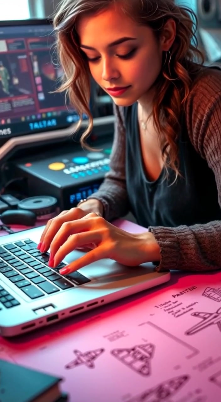 The woman types thoughtfully on her laptop, surrounded by scattered notes and sketches on a cluttered desk.