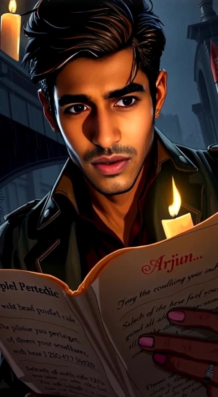 The candle flickers gently as the boy reads intently from the parchment in a dimly lit room.