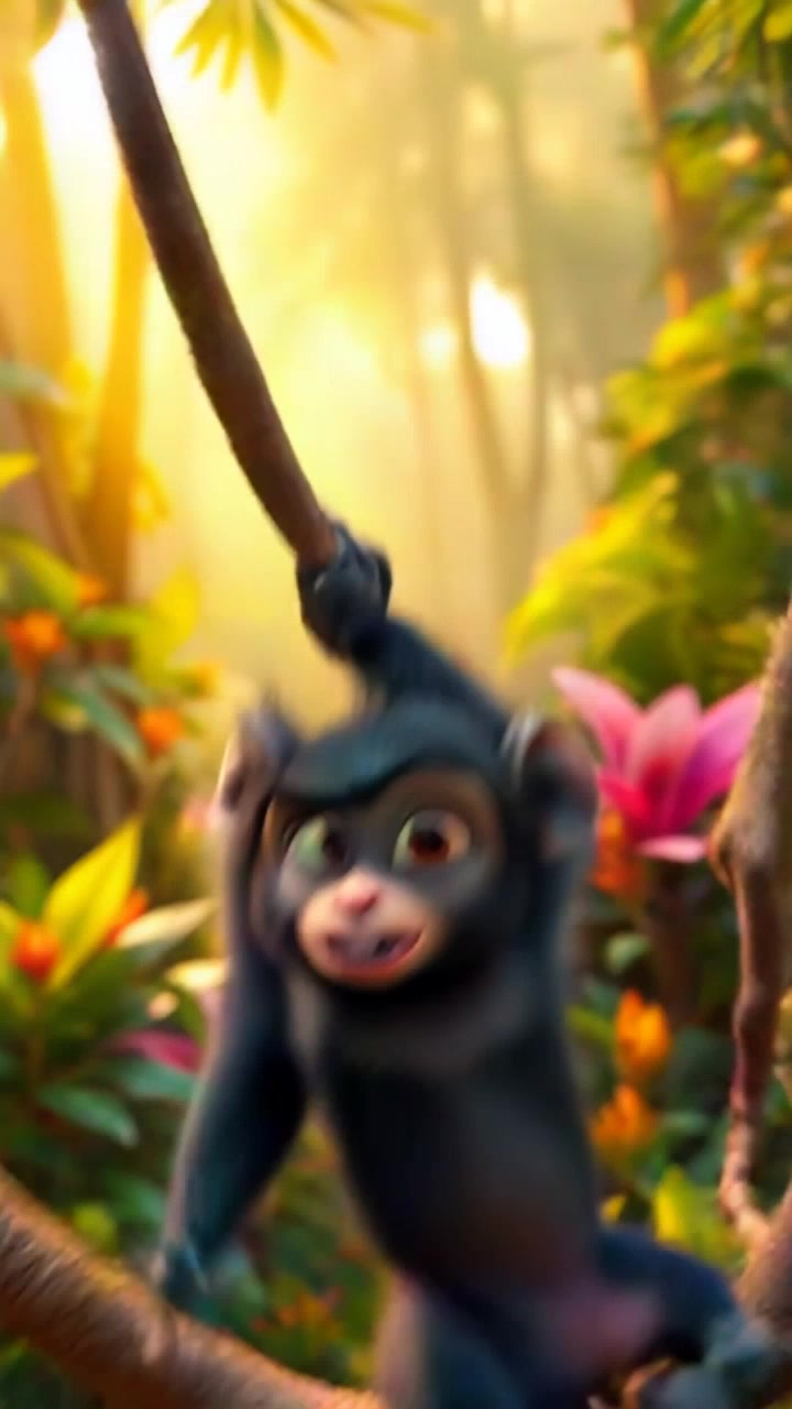 Monkey playing joyfully on a branch in a lush green jungle filled with colorful plants and flowers.