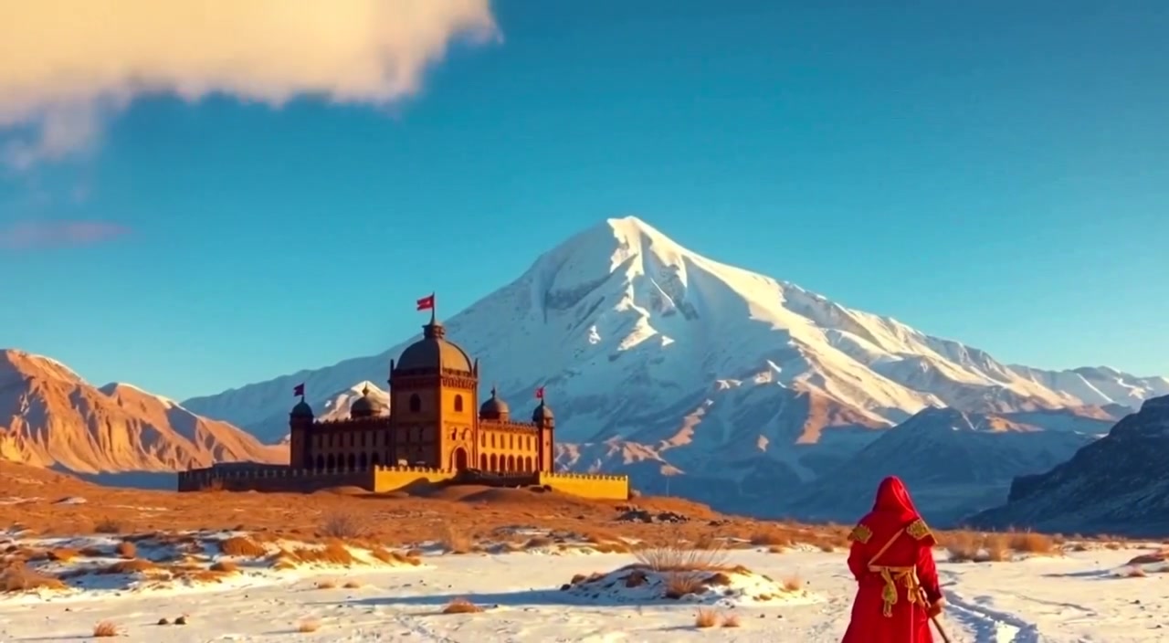 Clouds gently drift past the snow-capped peaks of Mount Kailash under a clear blue sky.