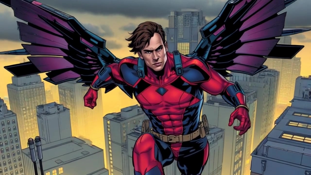 Subject: Peter, in a red and blue suit with mechanical wings, poised on a rooftop edge. Subject description: Costume with vibrant colors, intricate mechanical wings, determined expression. Subject movement: Stillness at the edge, ready to leap. Scene: Urban rooftop at dusk, city skyline in the background, dramatic clouds overhead. Camera Language: Slow pan around Peter, showcasing the details of his suit and wings. Lighting: Twilight with soft, warm tones casting long shadows. Atmosphere: Tense anticipation, impending action.