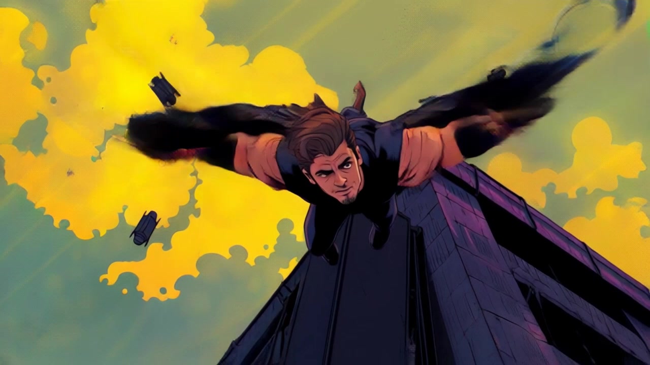 Subject: Peter, a man with wings, energetically flapping in mid-air after leaping off a rooftop. Description: Build: Athletic, Hairstyle and color: Short dark hair, Clothing: Casual with a superhero touch, Wings: Large and majestic. Movement: Flapping wings vigorously in mid-air. Scene: Urban cityscape with skyscrapers in the background and bustling streets below. Style: Urban grit infused with a hint of fantasy. Camera Language: Ascend alongside Peter in a dynamic aerial shot, capturing the adrenaline-filled moment. Lighting: Golden-hour glow casting a warm hue over the scene. Atmosphere: Thrilling and fantastical.