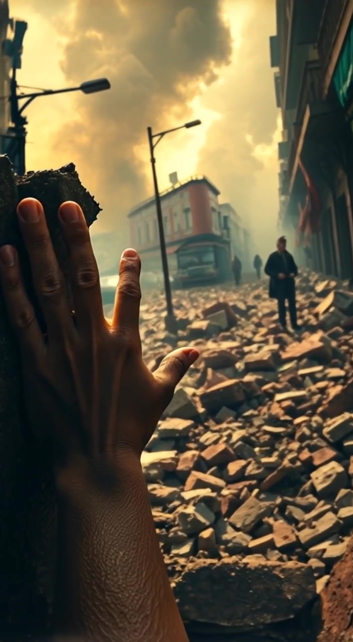 A hand gently trembles as it presses against sharp rubble, highlighting the struggle and pain of the moment.