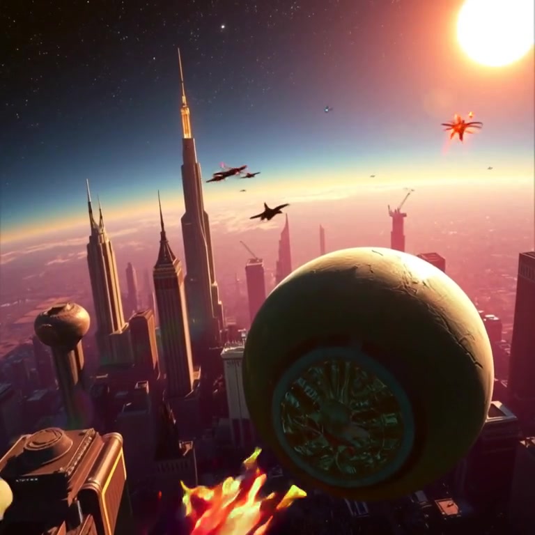 Flying vehicles glide smoothly between towering skyscrapers as the glowing sun sets behind the futuristic cityscape.