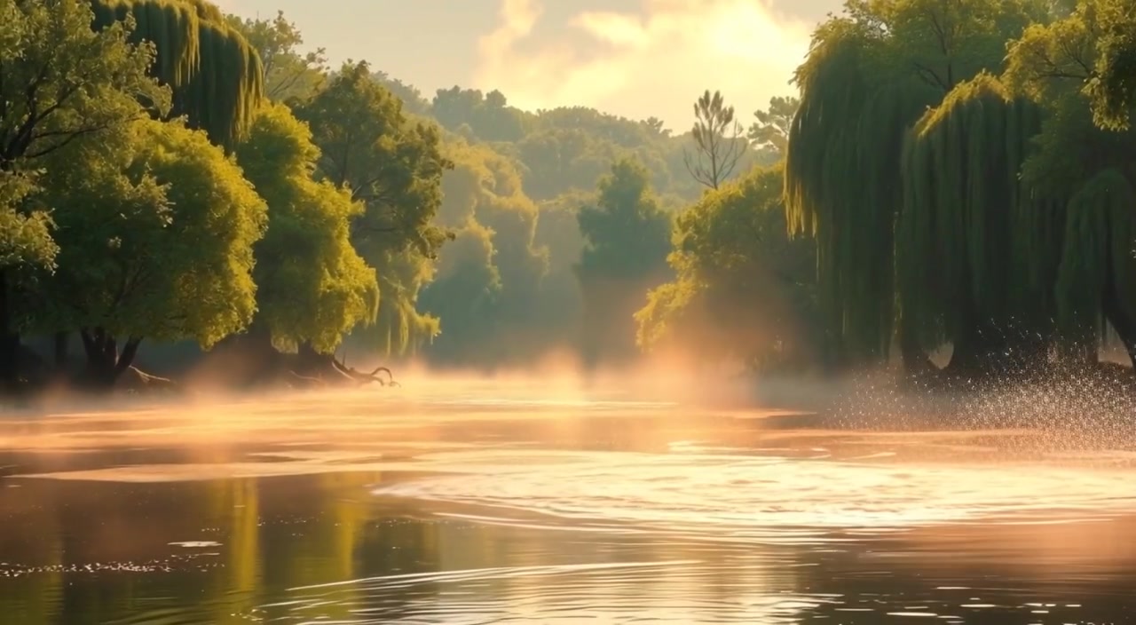 The mist gently dances above the river, while lush green trees sway softly in the breeze.