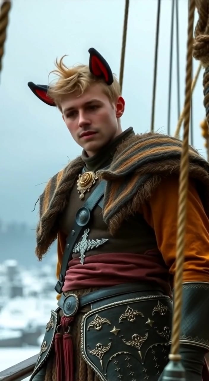 The warrior gazes ahead, breath visible in the cold air, as the ship cuts through the icy waters.