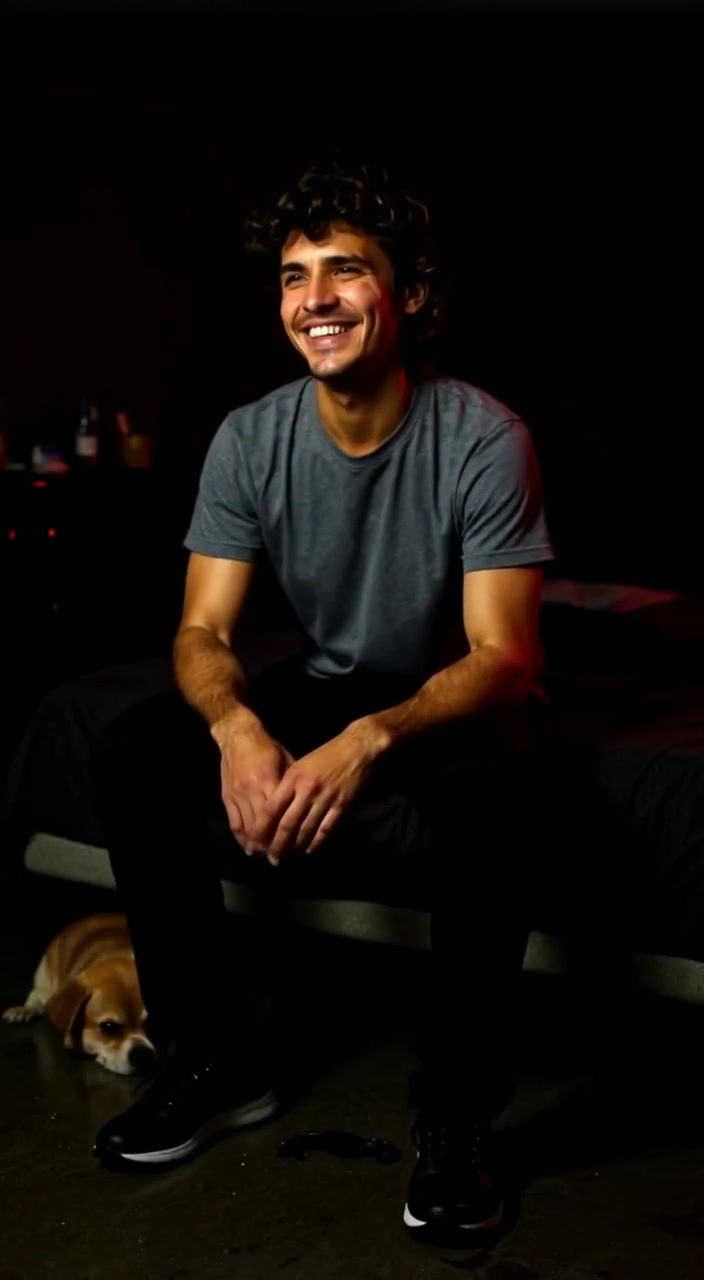 The man leans back, chuckling softly, as shadows dance on the walls of the dimly lit room.
