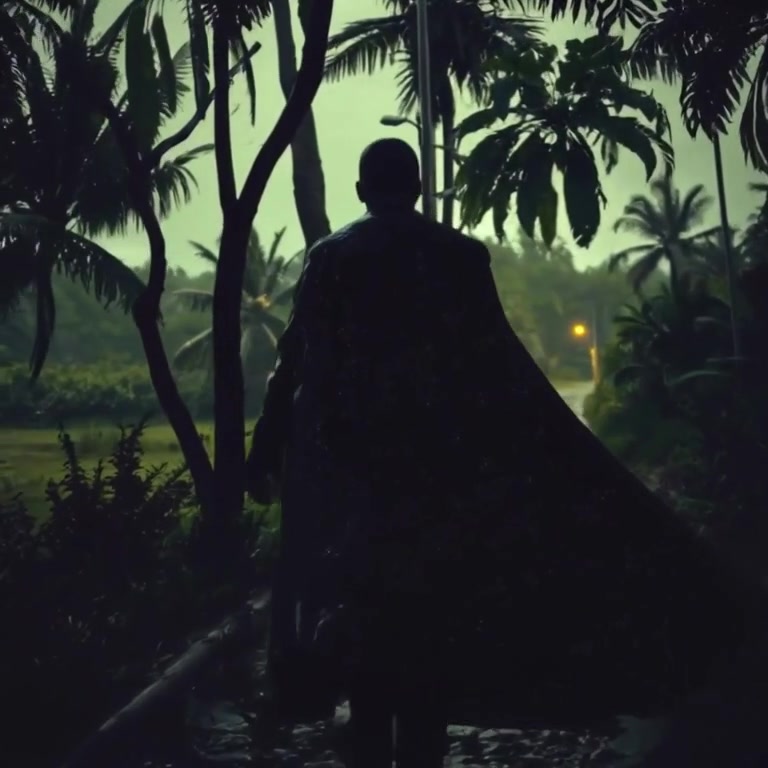 A shadowy figure slowly steps forward through a lush forest, light filtering through the dense greenery.