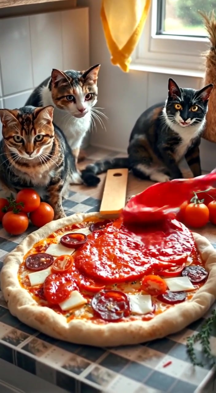 The hand gently spreads tomato sauce on a pizza base surrounded by fresh ingredients on the kitchen counter.