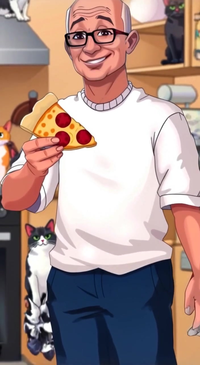 The man takes a bite of pizza and smiles contentedly in a warm, inviting kitchen.