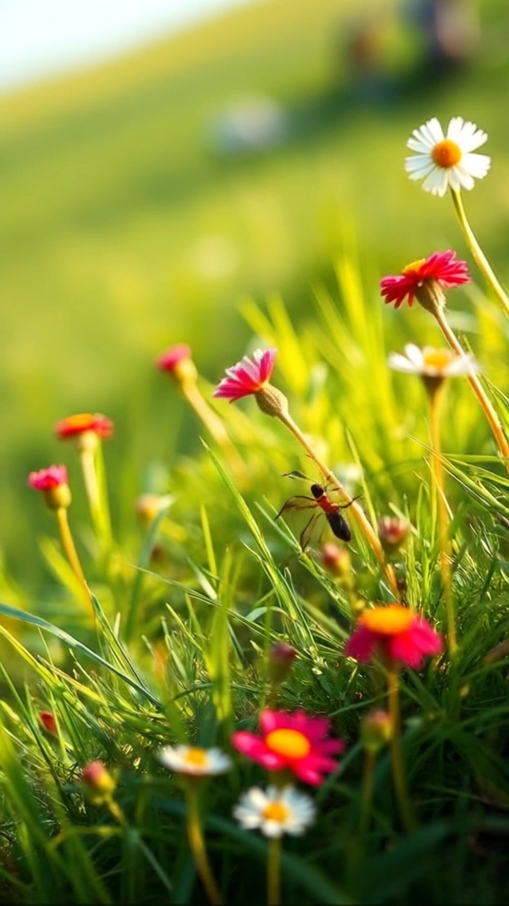 A small ant in a lush green valley filled with grass and wildflowers.