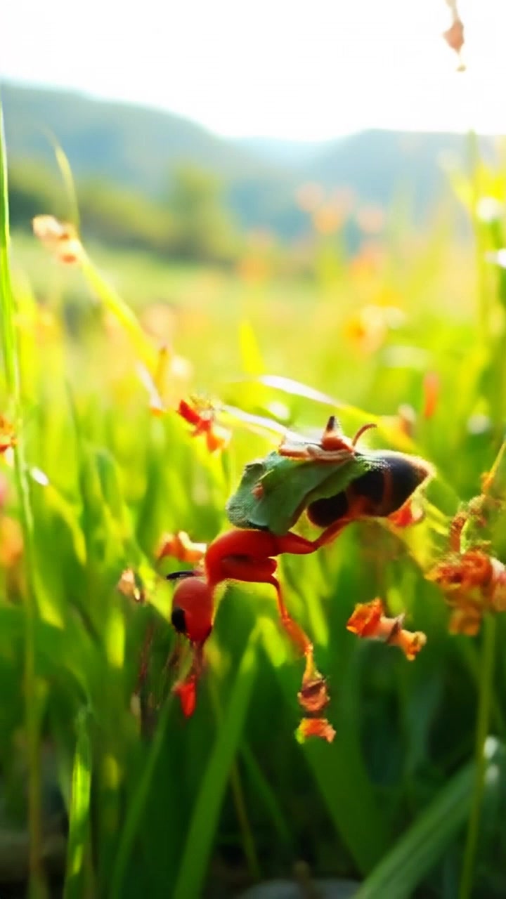 The ant gathering food, carrying tiny pieces of leaves and seeds on its back in the sunny meadow.