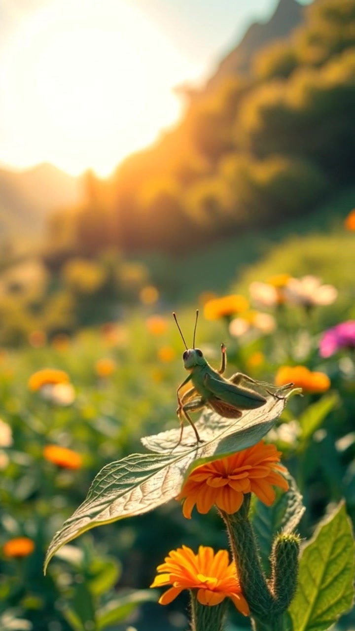 A grasshopper dancing on a leaf under the sun, with colorful flowers around.