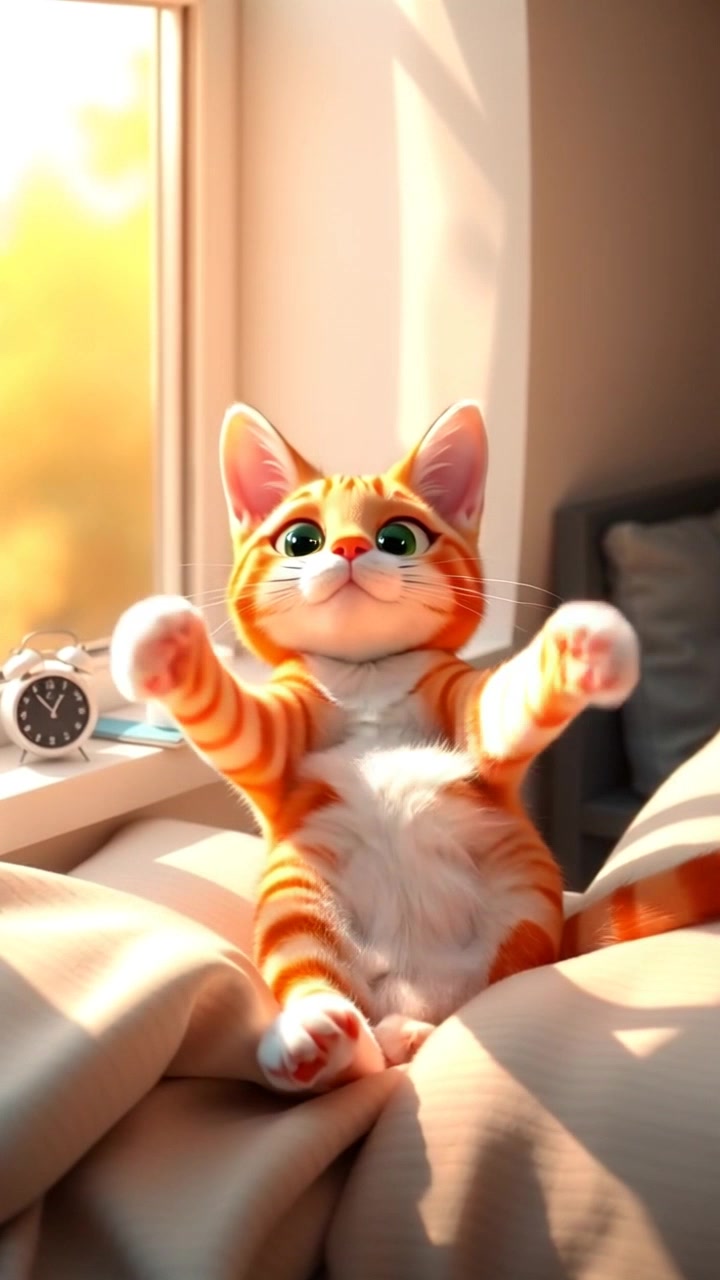 The Orange And White Cat, stretching on a sunny windowsill, with soft morning light streaming in.