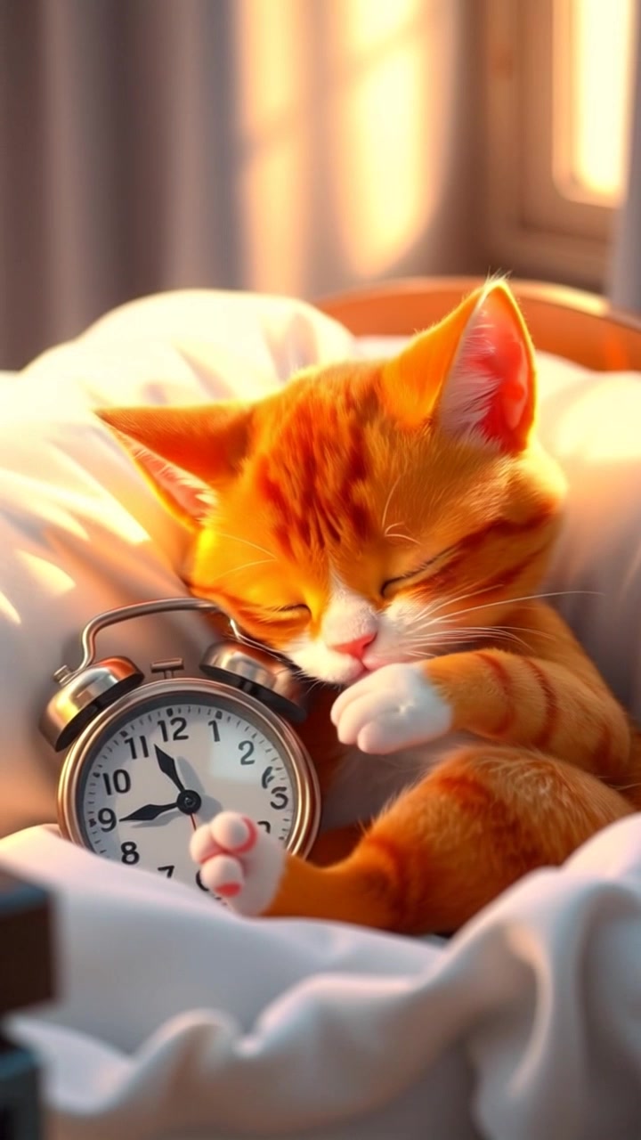 A sleeping Orange And White Cat nestled in a cozy bed, with an alarm clock ringing nearby.