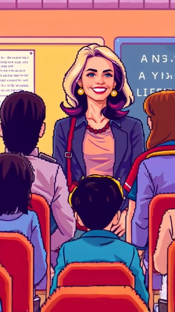 Scene: A professor in a bright classroom filled with students packing their bags and preparing to leave. Style: Warm, inviting daylight floods the room, enhancing the cheerful atmosphere. Motion: Camera gently pulls back from the professor, capturing the smiling expressions of her students as they stand up and chat, weaving through the rows of desks for a dynamic, engaging farewell.