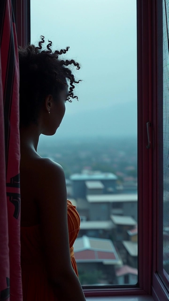 Scene: Amina gazing pensively out of her window at a quaint village, the landscape dotted with charming houses and winding pathways, evoking a sense of solitude. Style: Soft, muted lighting accentuating the evening glow and casting gentle shadows inside the room. Motion: The camera subtly pulls back from Amina's reflective expression, revealing more of the village outside, framed by the window's edges, conveying her sense of longing in the quiet moment.