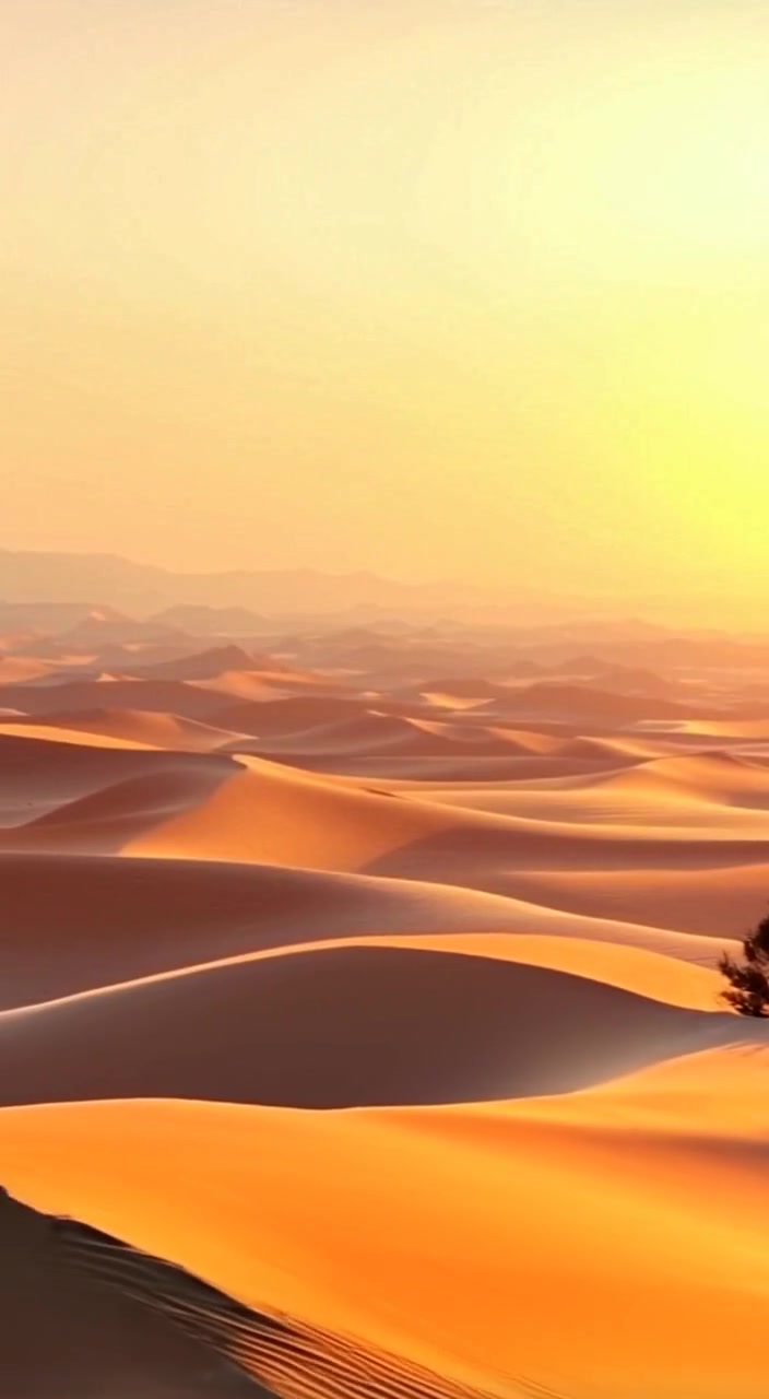 Golden sunlight gently illuminates the vast, rolling sand dunes as shadows shift with the rising sun.