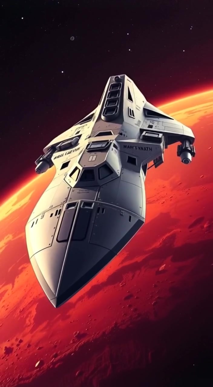 The warship gently hovers above the red Martian landscape, its metallic surface gleaming in the sunlight.