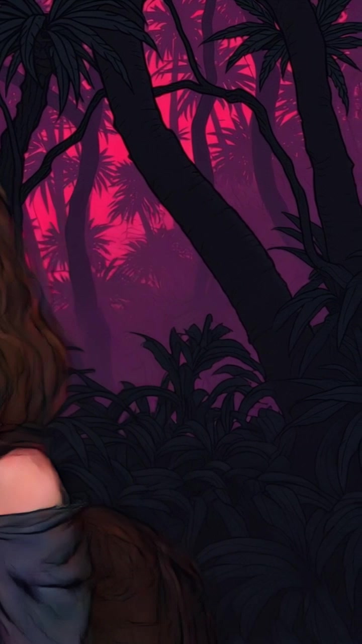 Scene: A dense, overwhelming jungle filled with towering trees and vibrant greenery, shrouded in mist. Lighting: Soft, diffused light filtering through the leaves creates a mystical atmosphere. Motion: The camera glides through the foliage, weaving between the trees and revealing glimpses of the explorer's silhouette as they navigate through the lush undergrowth.